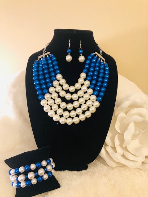Royal Blue and White Pearl Necklace Set