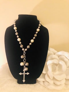 Silver Cross Pearl Necklace Set