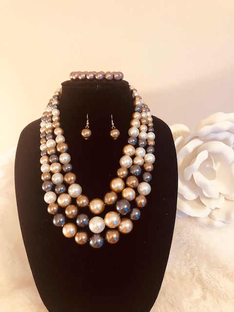 3 Strand Multi Gray-Bronze-Cream-Chocolate Pearl Necklace
