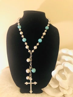 Turquoise Cross Pearl Necklace Set