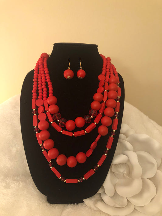 Ruby Red Wooden Necklace Set